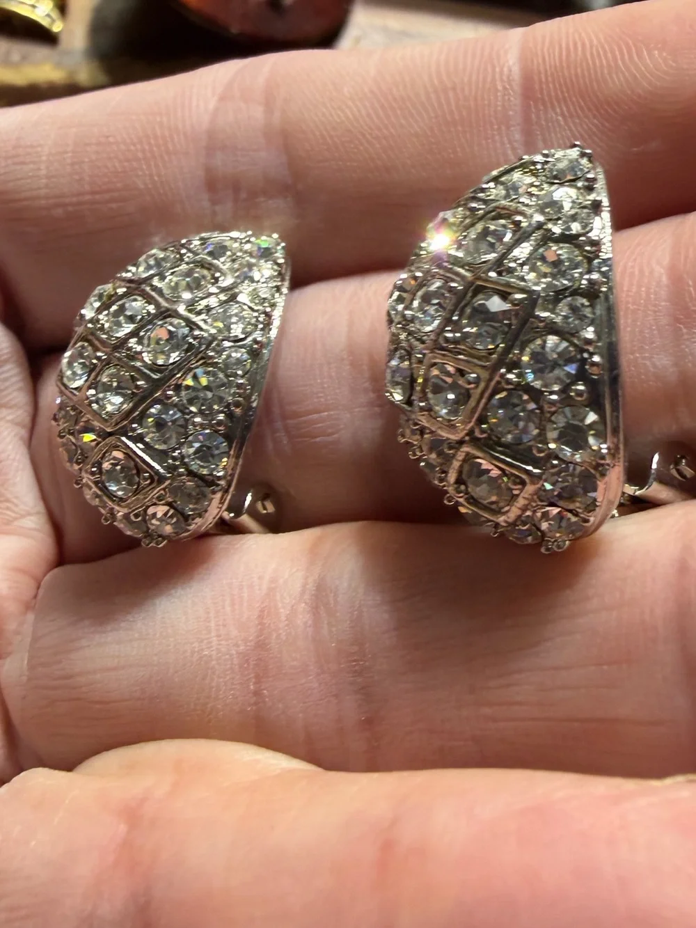Vintage Silver-Tone Crystal Dome Clip Earrings